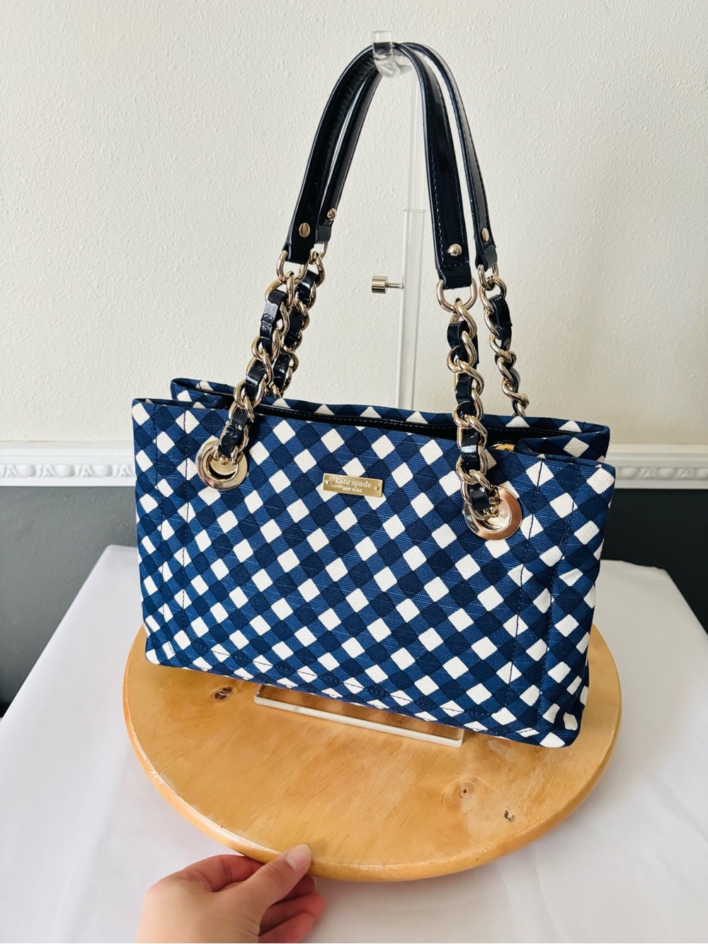 Kate Spade Bay Terrace Helena Blue & White Gingham Plaid Chain Shoulder Bag